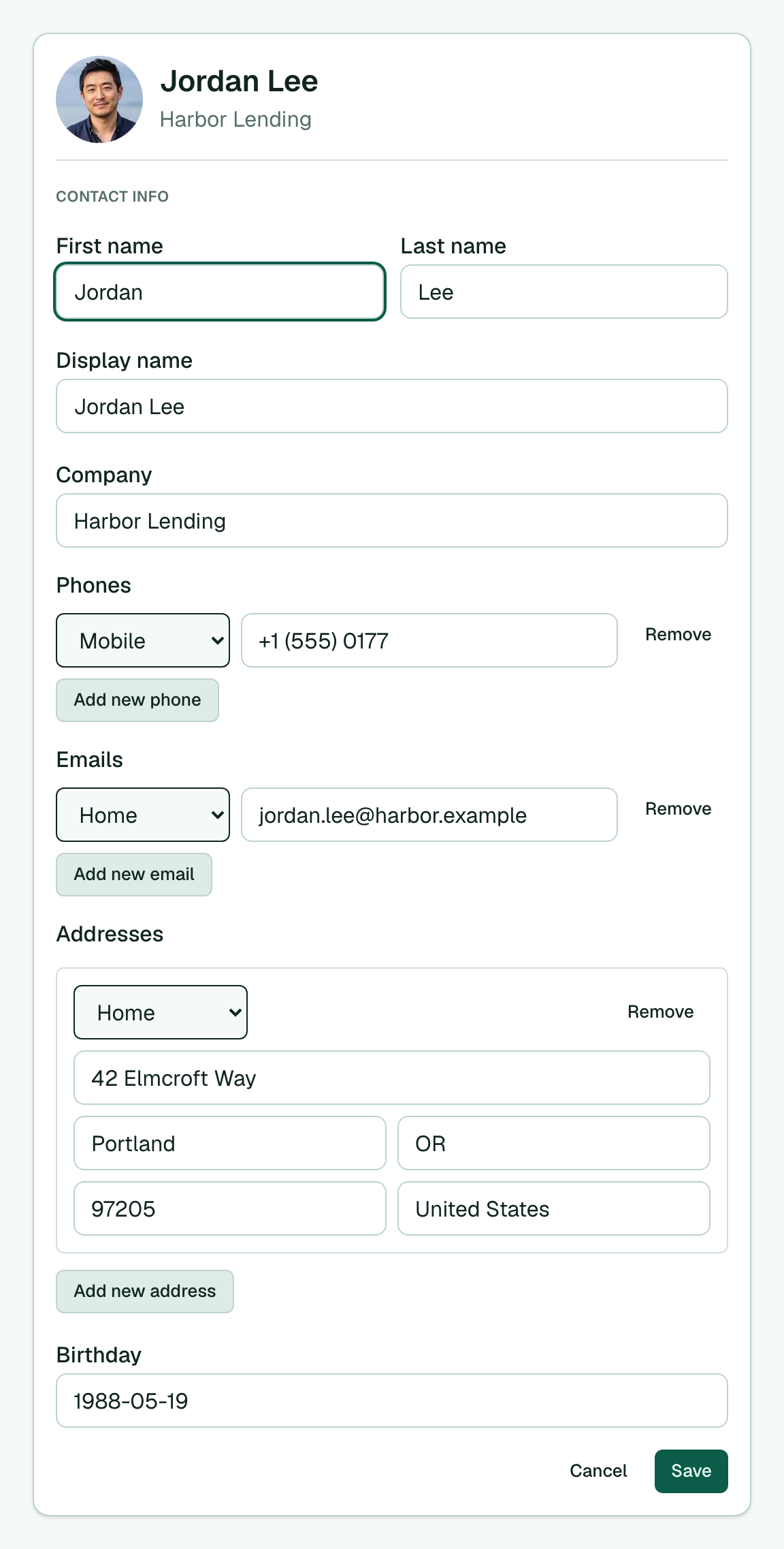 Edit contact card