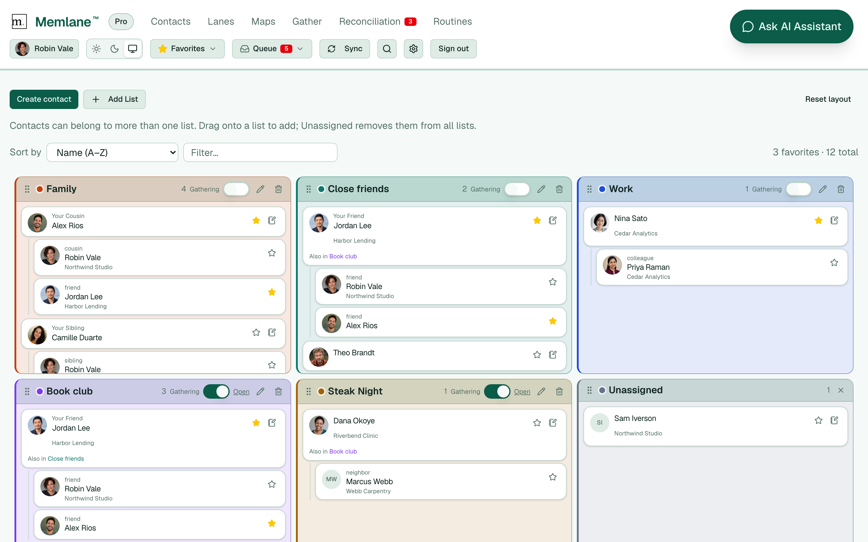 Contacts board with list panels