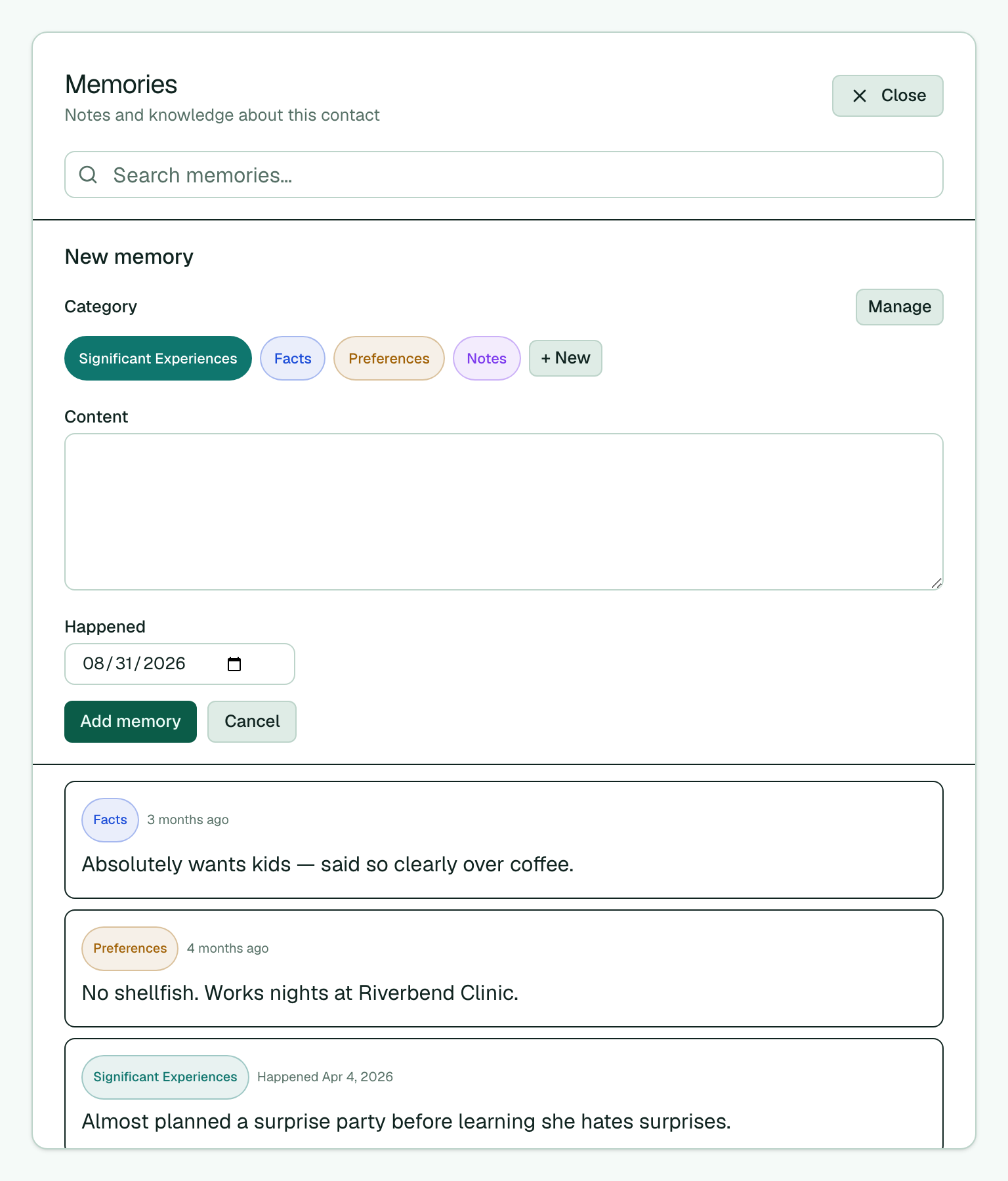 Dating contact memories