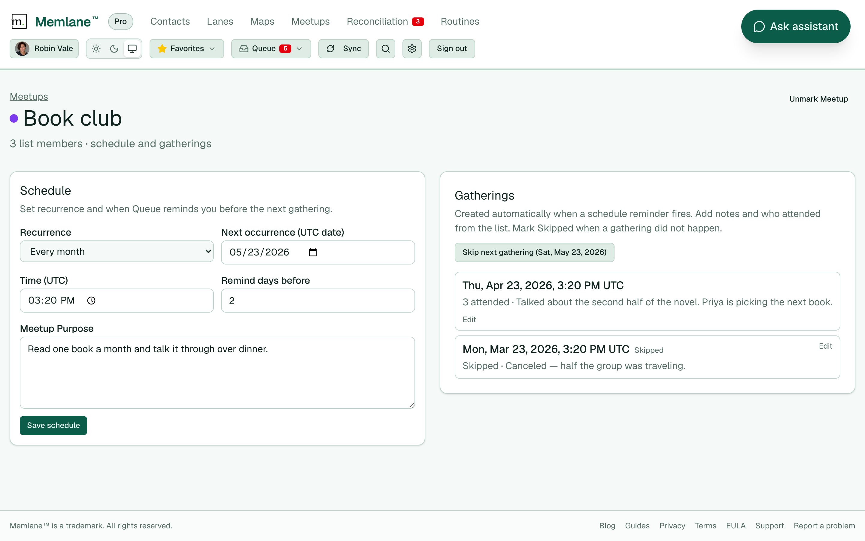 Gather schedule settings