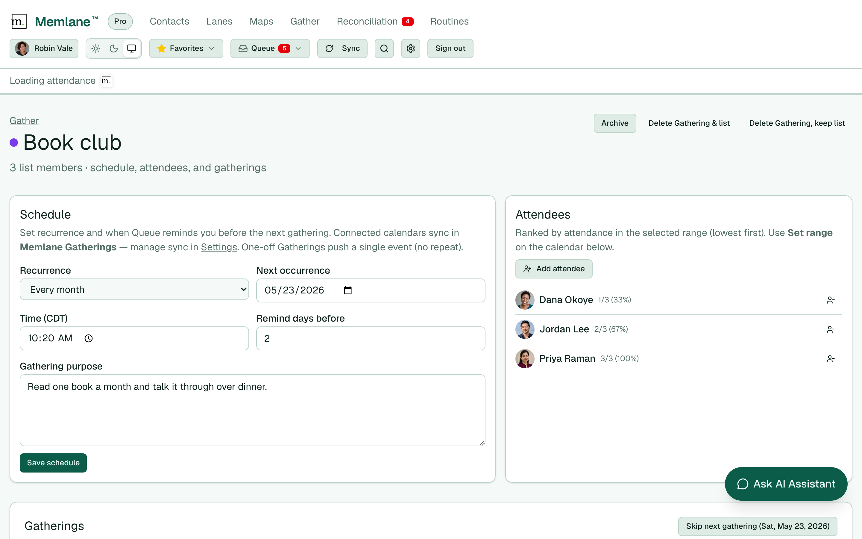 Gather schedule settings