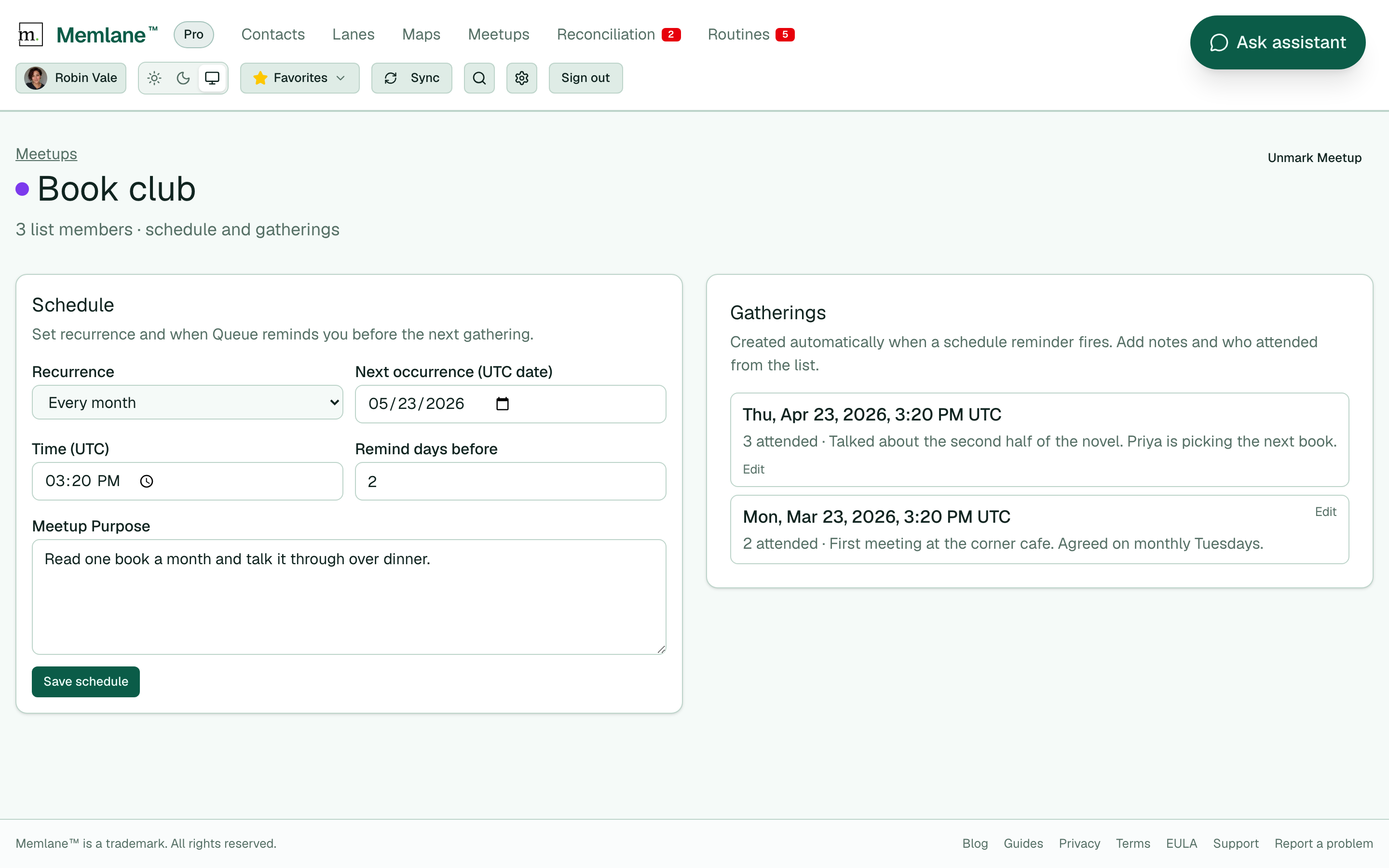 Meetup schedule settings