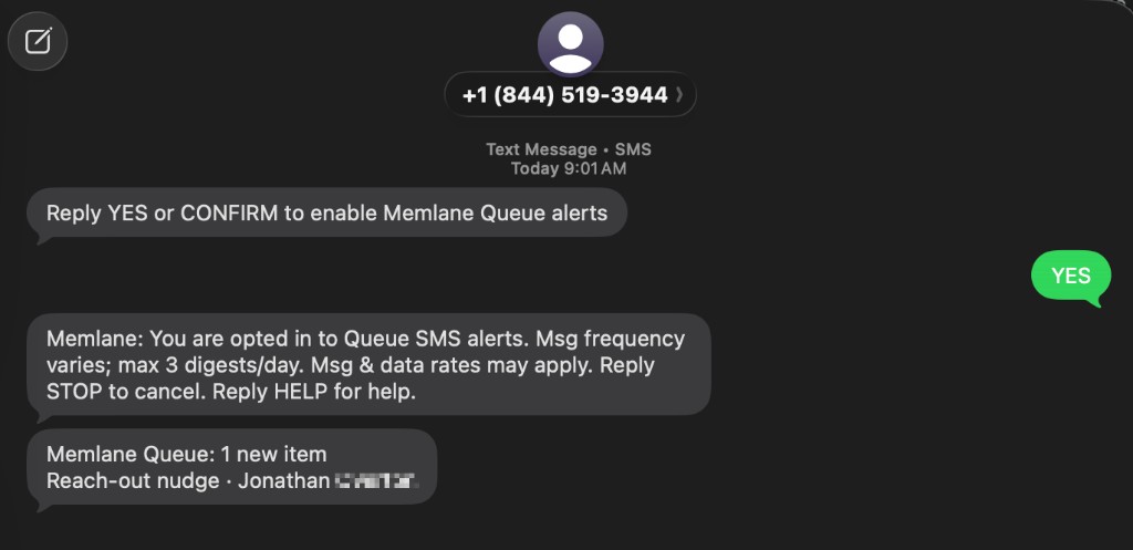 SMS opt-in: verify, confirm, then a Queue digest