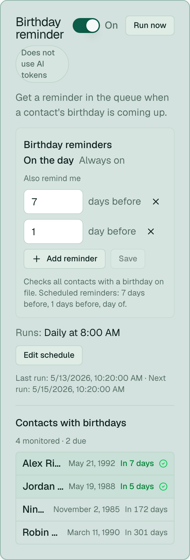 Birthday reminder settings